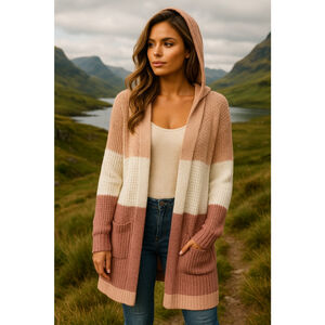 Derek Heart Knit Hooded Cardigan Sweater Colorblock Cozy Fall Winter L Pink Boho